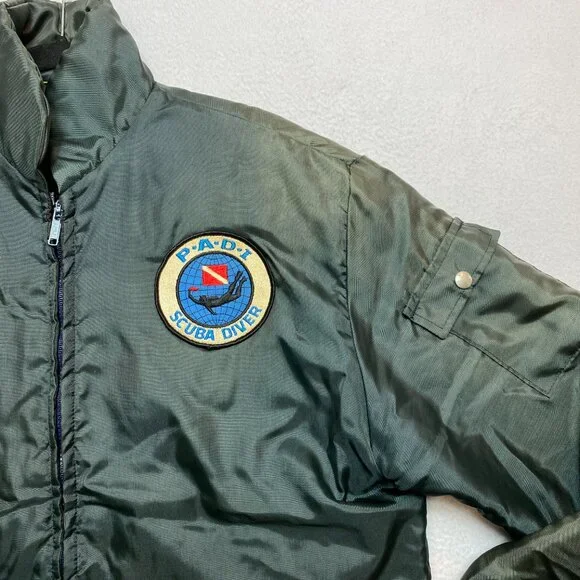 Vintage PADI Scuba Diver Jacket Men's L Gray Green Puffer Full Zip Quilted